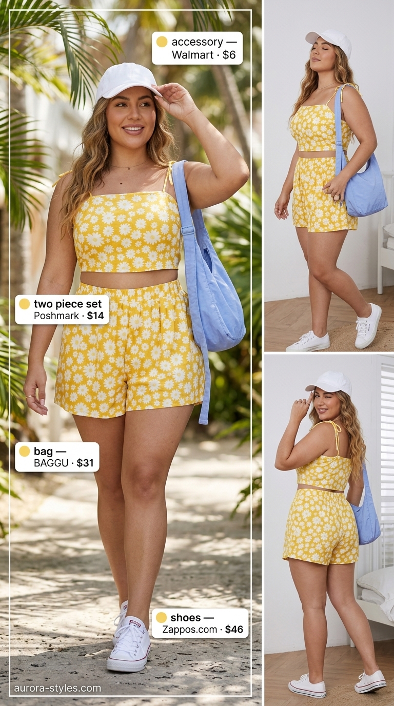 Summer Girls Trip Outfits for Women 2026: Yellow floral set for beach day, casual outing, or summer festival.