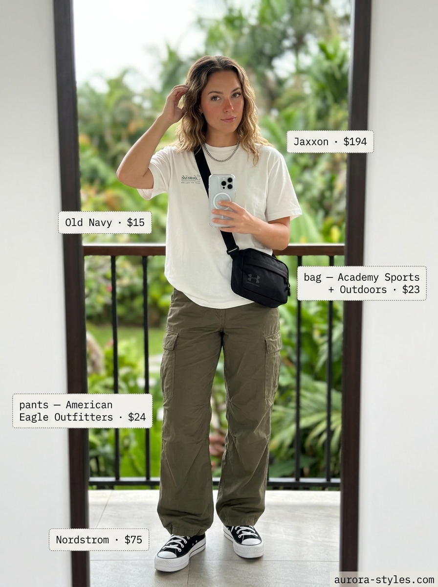 Summer Girls Trip Outfits for Women 2026: Olive green cargo pants for travel, casual exploration, or street style.