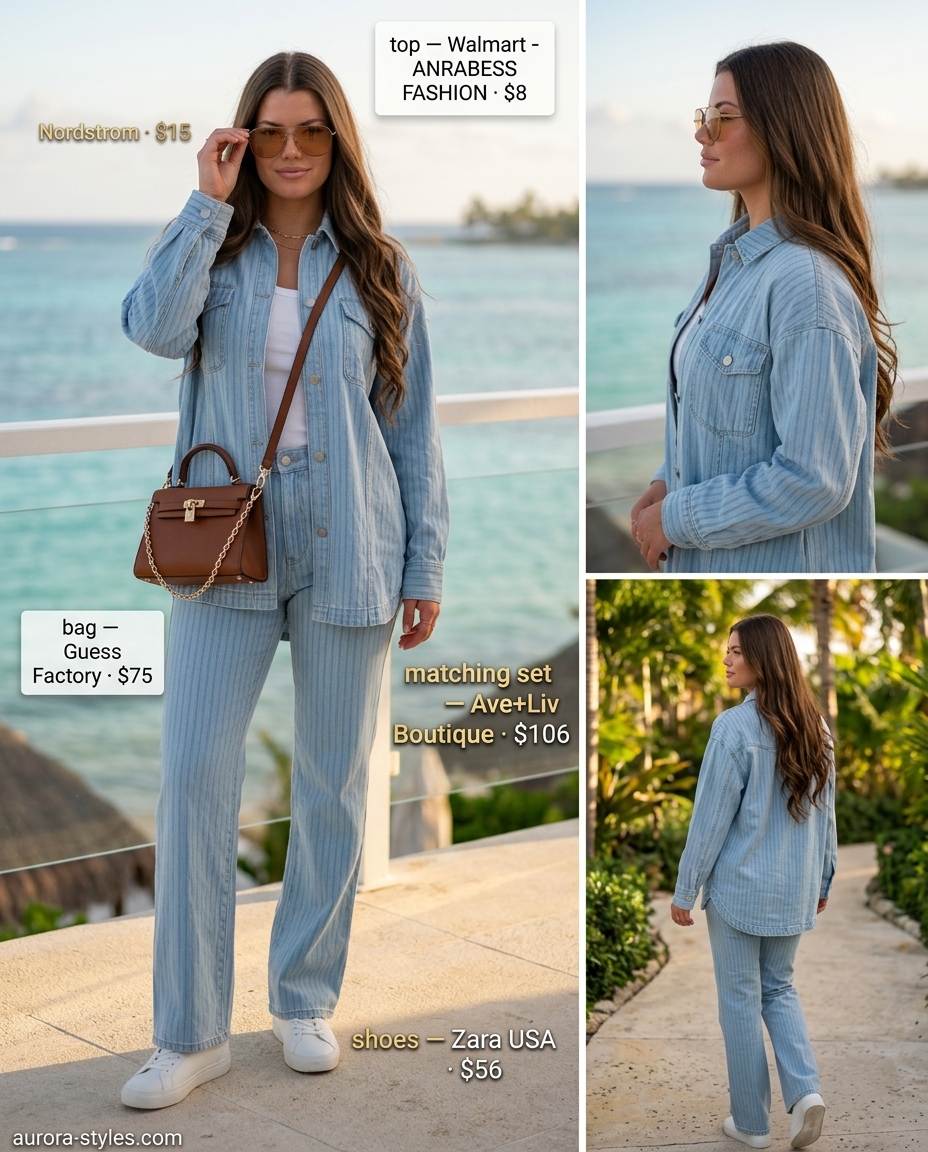 Summer Girls Trip Outfits for Women 2026: Denim blue set for travel day, city exploration, or weekend brunch.