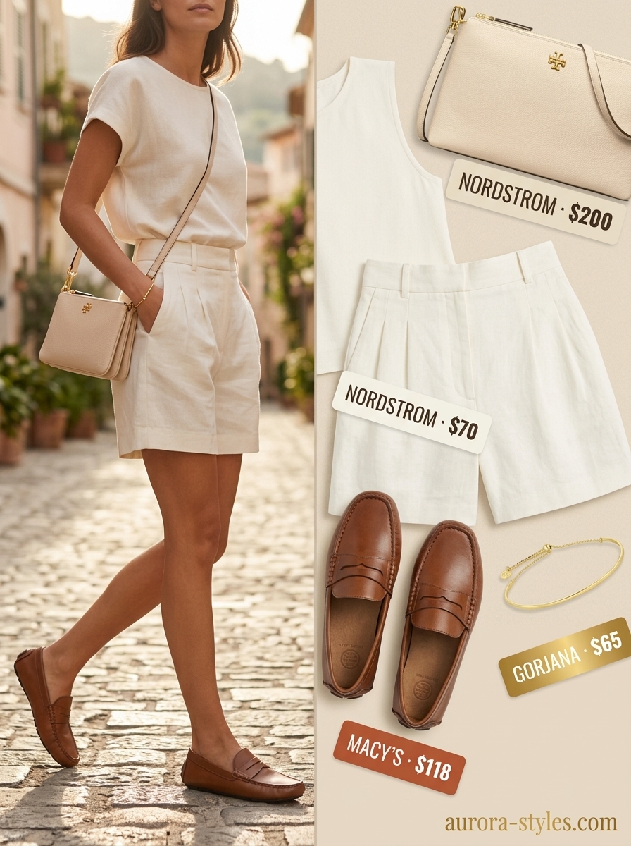 Summer Girls Trip Outfits for Women 2026: White linen shorts set for summer brunch, daytime events, or resort wear.