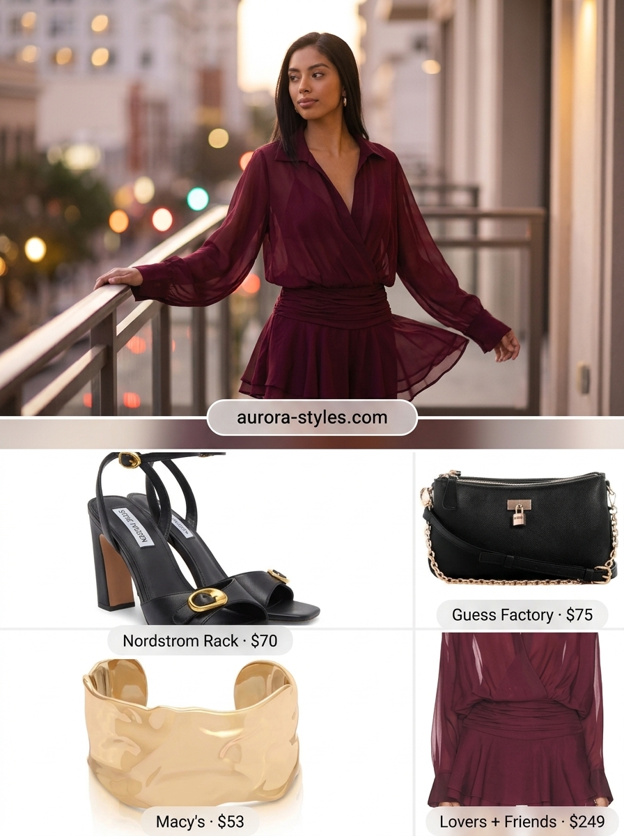 Summer Girls Trip Outfits 2026: Burgundy romper, block heels, and crossbody bag for evening out.