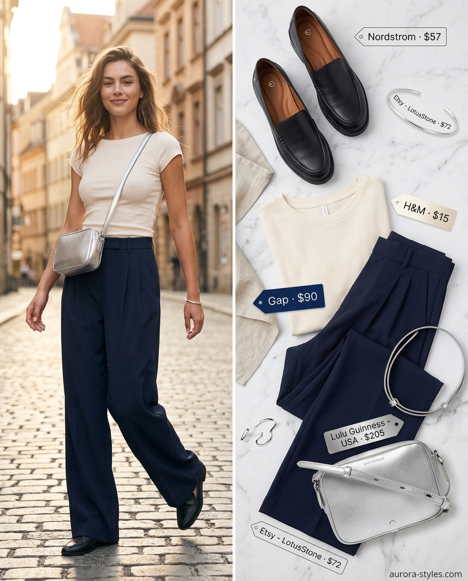 Summer Girls Trip Outfits 2026: Navy wide-leg trousers, cream knit top, and loafers for city exploration.