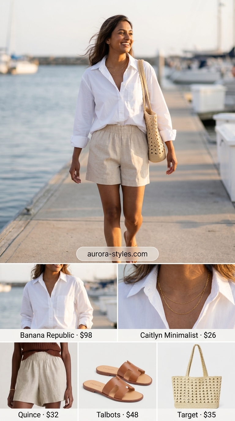 Summer Girls Trip Outfits 2026: White shirt, beige linen shorts, and tan slides for a coastal brunch.