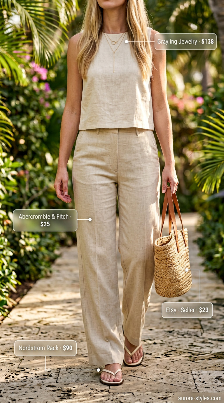 Summer Girls Trip Outfits for Women 2026: Sand beige linen set for beachside brunch, resort lounging, or casual day out.