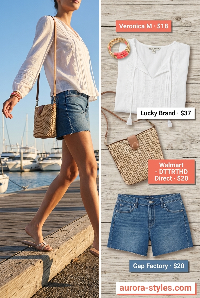 Summer Girls Trip Outfits 2026: Denim shorts, white peasant blouse, straw bag, and leather sandals for a casual day.