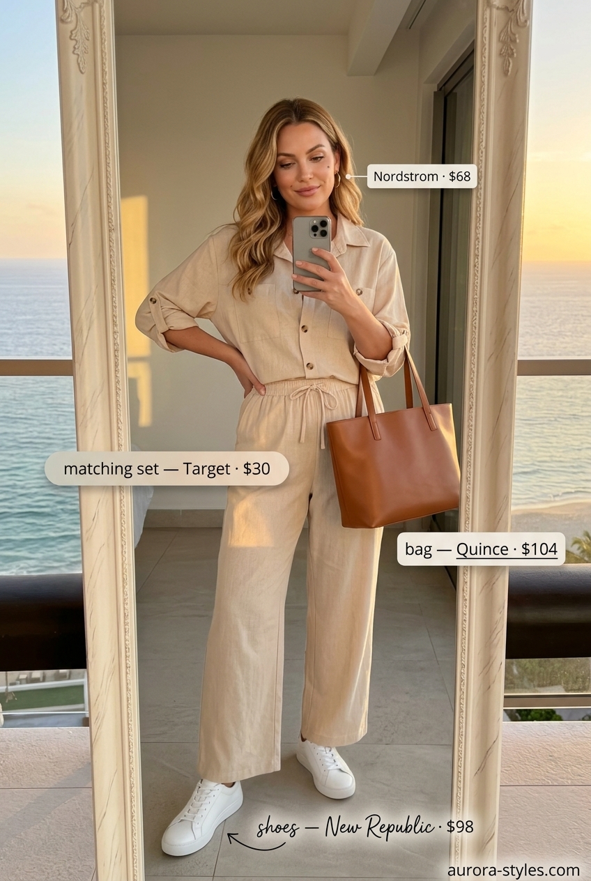 Summer Girls Trip Outfits for Women 2026: Beige linen set for travel day, resort loungewear, or casual sightseeing.
