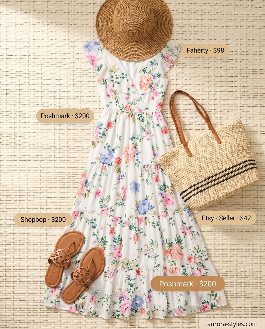 Summer Girls Trip Outfits 2026: Floral maxi dress, straw tote, leather sandals, and sun hat for beach day.