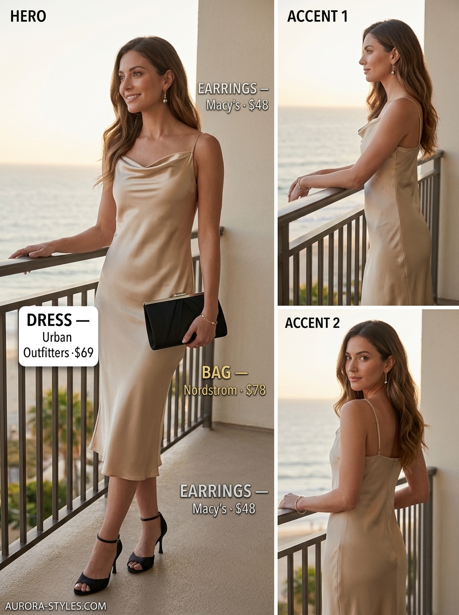 Summer Girls Trip Outfits for Women 2026: Champagne satin slip dress for upscale dinner, evening event, or date night.