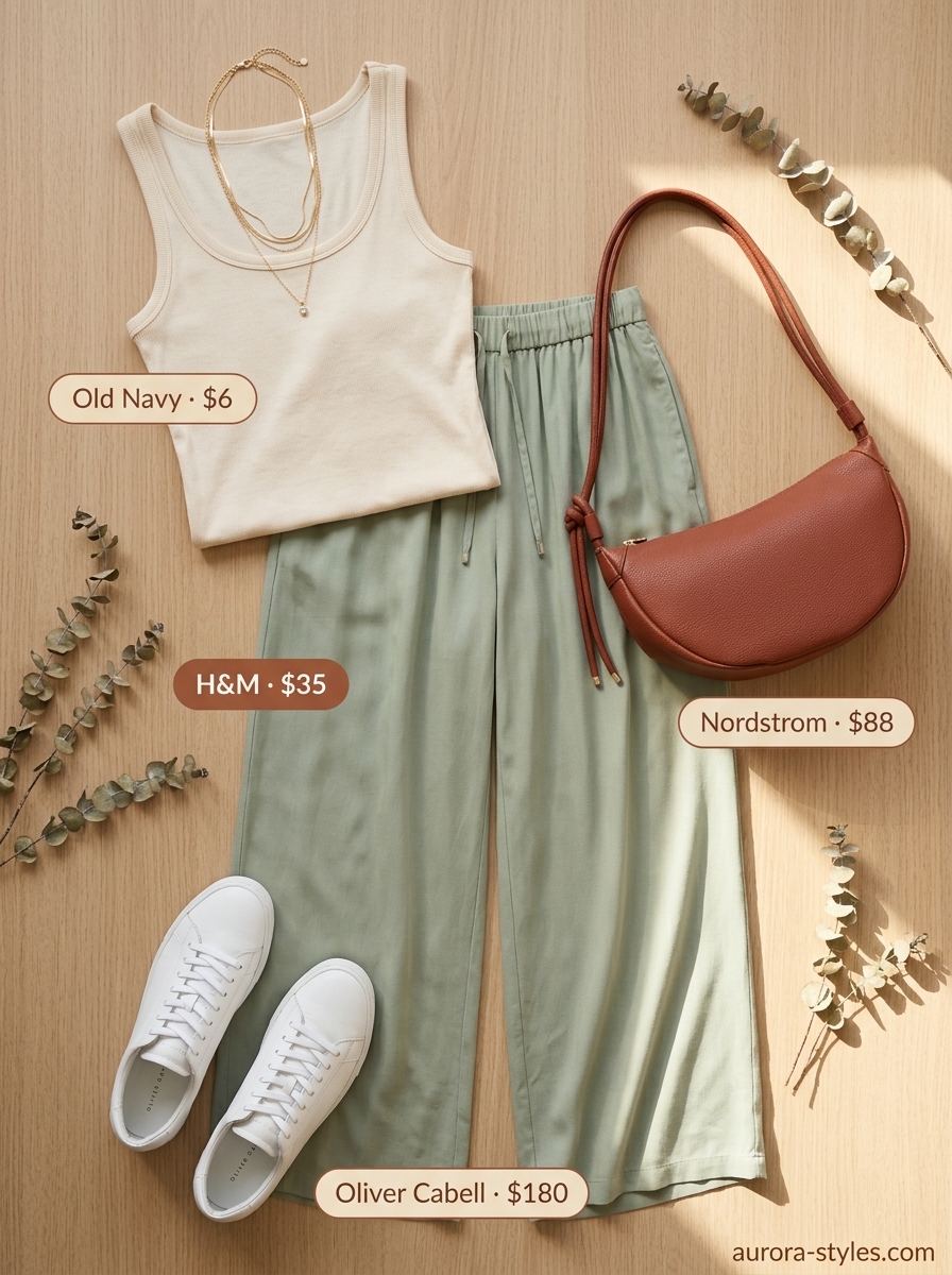 Summer Girls Trip Outfits 2026: Linen pants, ribbed tank, sneakers, and crossbody bag for city exploration.