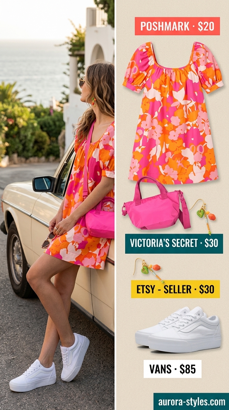 Summer Girls Trip Outfits 2026: Abstract mini dress, platform sneakers, beaded earrings, and nylon bag for festivals.