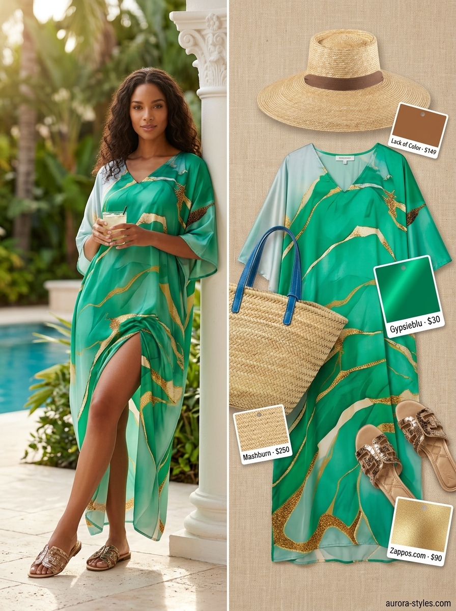 Summer Girls Trip Outfits 2026: Emerald green maxi dress, straw hat, and embellished sandals for poolside.