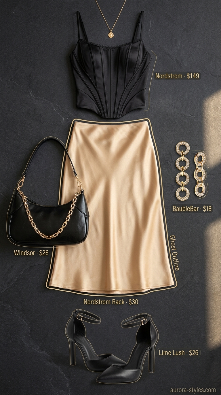 Summer Girls Trip Outfits 2026: Satin slip skirt, corset top, heeled sandals, and mini bag for a night out.