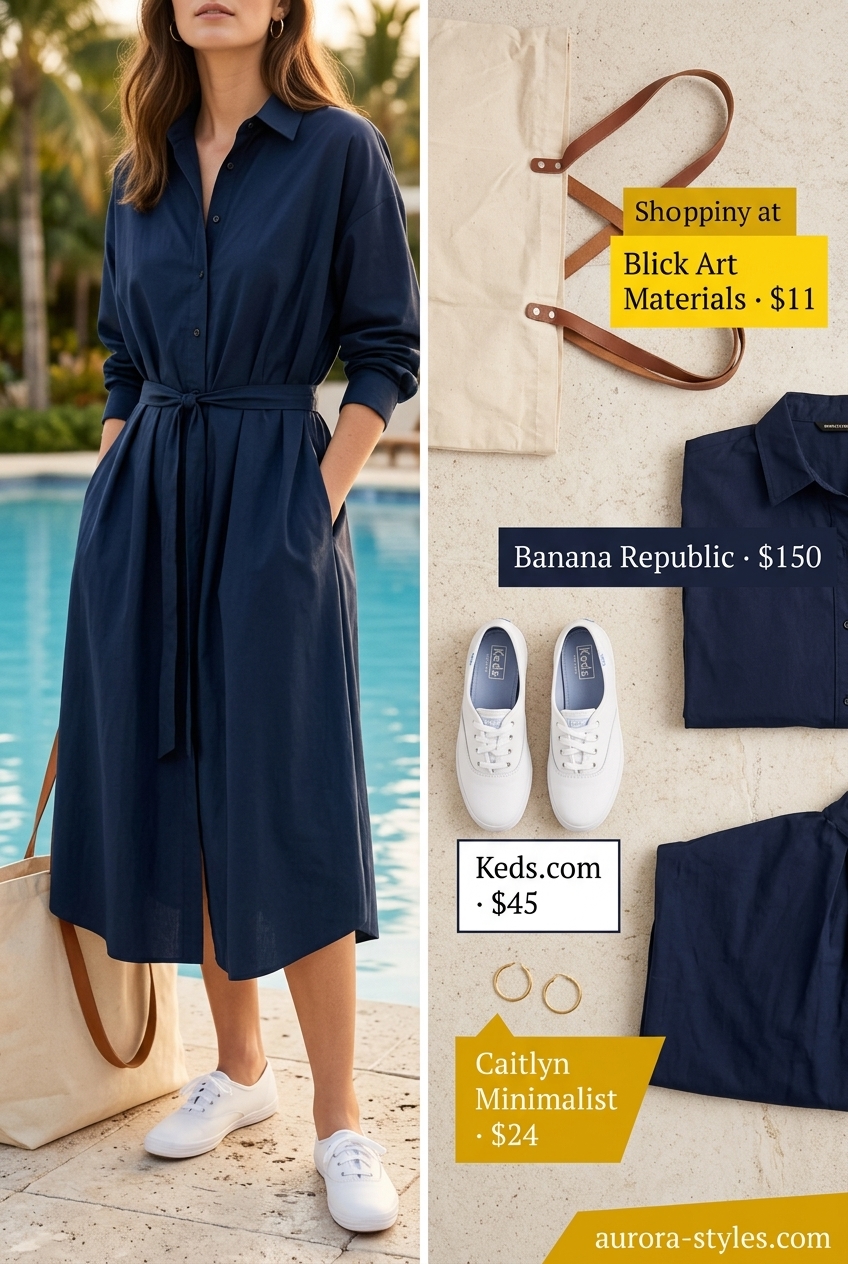 Summer Girls Trip Outfits 2026: Navy shirt dress, white sneakers, canvas tote, and gold hoops for casual days.
