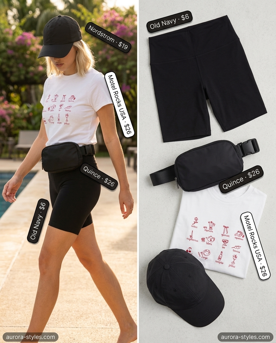 Summer Girls Trip Outfits 2026: Sporty Spice biker shorts, graphic tee, baseball cap, and chunky sneakers for travel.
