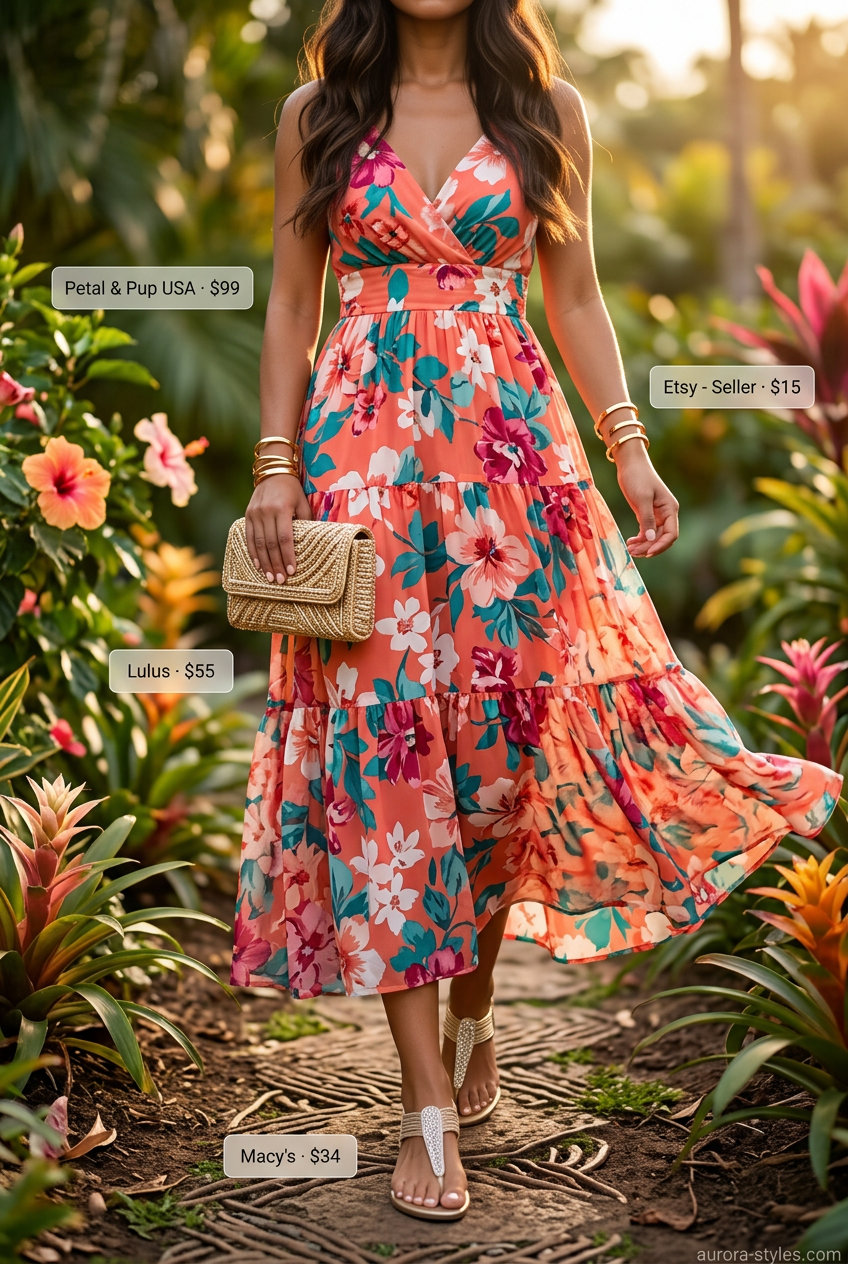 Summer Girls Trip Outfits 2026: Floral maxi dress, embellished sandals, and beaded clutch for dinner.