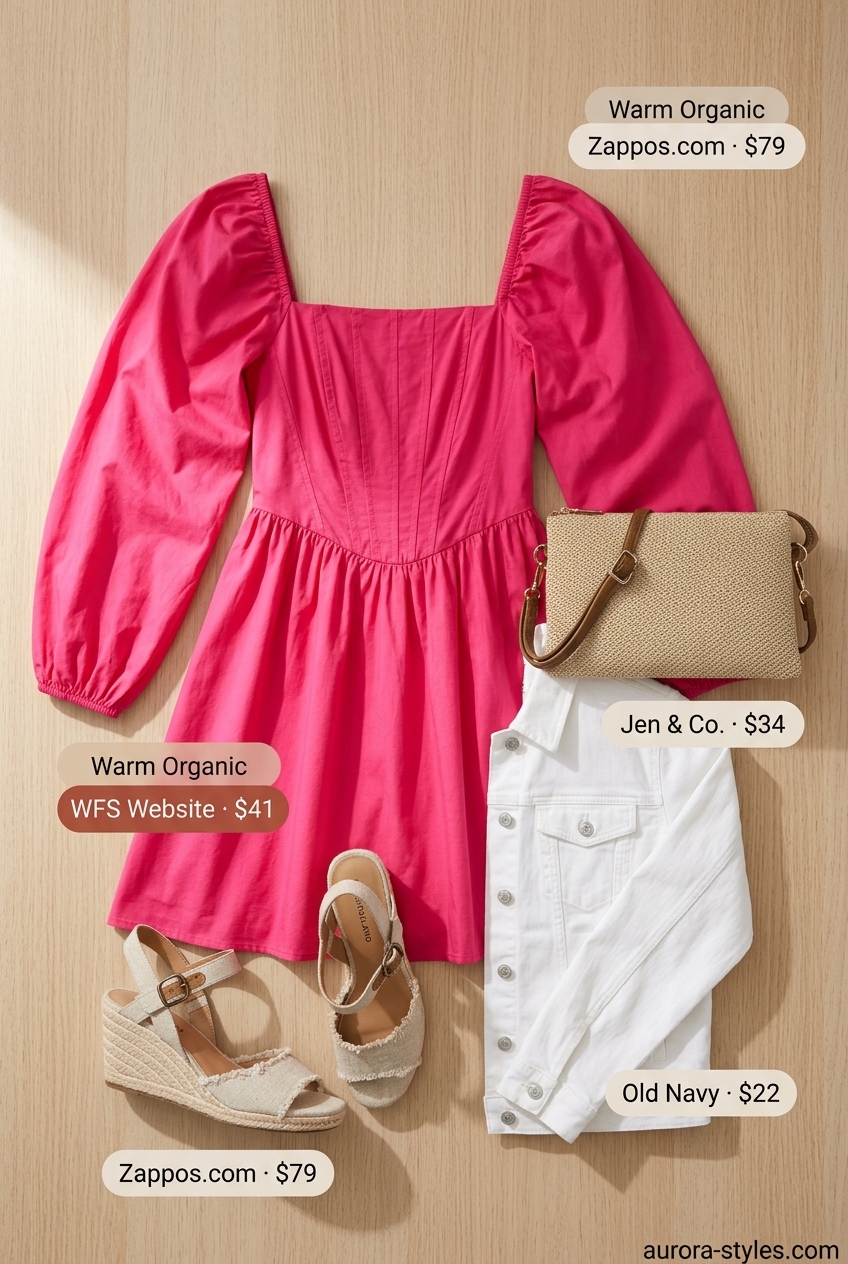 Summer Girls Trip Outfits 2026: Hot pink babydoll dress, denim jacket, and espadrille wedges for brunch.
