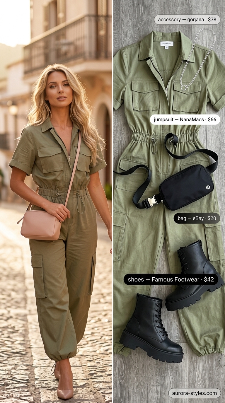 Summer Girls Trip Outfits for Women 2026: Olive green utility jumpsuit for travel, errands, or casual day out.