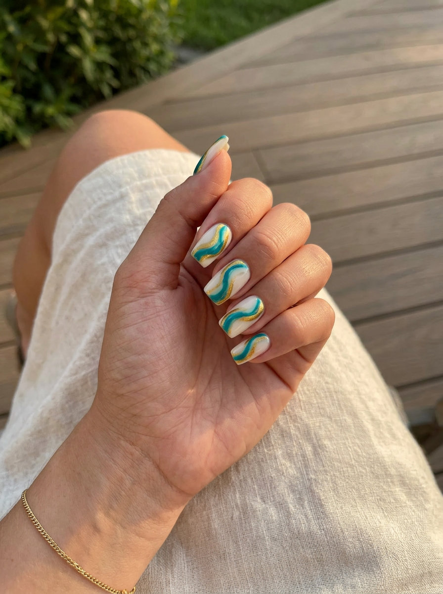 Art Deco swirl nails for summer holiday nails 2026. Retro, sophisticated teal and gold swirls on creamy white.