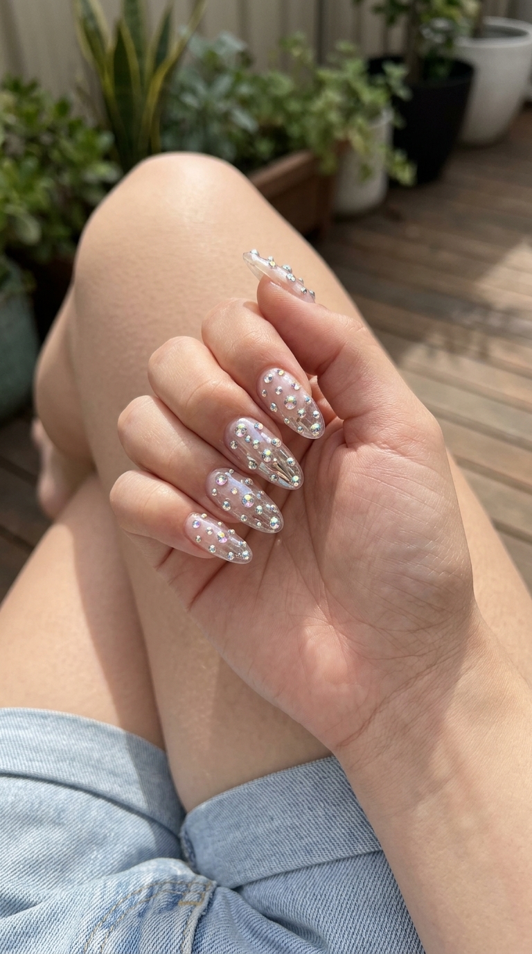 Crystal Dazzle Stiletto summer holiday nails 2026: clear, iridescent rhinestones, extra-long stiletto shape.