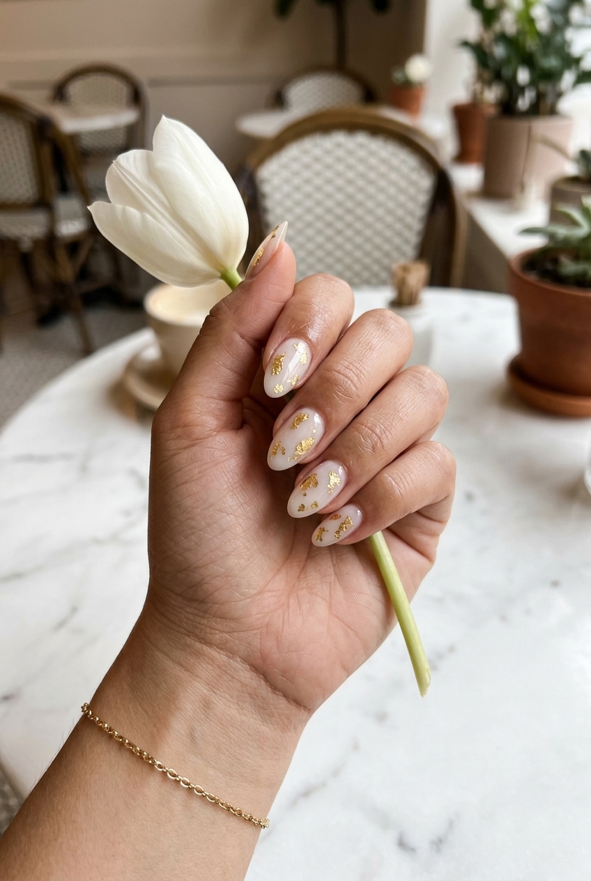 Elegant Gold Leaf Sheer summer holiday nails 2026: milky base, real gold leaf, long almond shape.