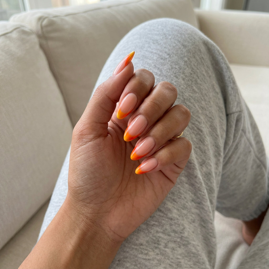 Fiery Sunset Gradient French nails for summer holiday nails 2026. Vibrant orange gradient on almond shape.