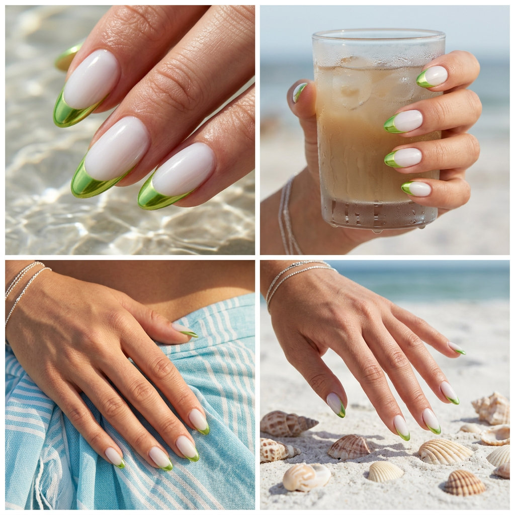 Lime Green Chrome Pop French summer holiday nails 2026: electric green chrome tips, milky white base, almond shape.