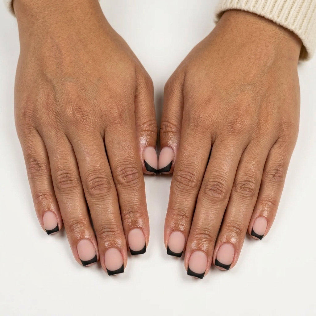 Matte black French tip nails for summer holiday nails 2026. Edgy, sophisticated matte black French tip on sheer nude base.