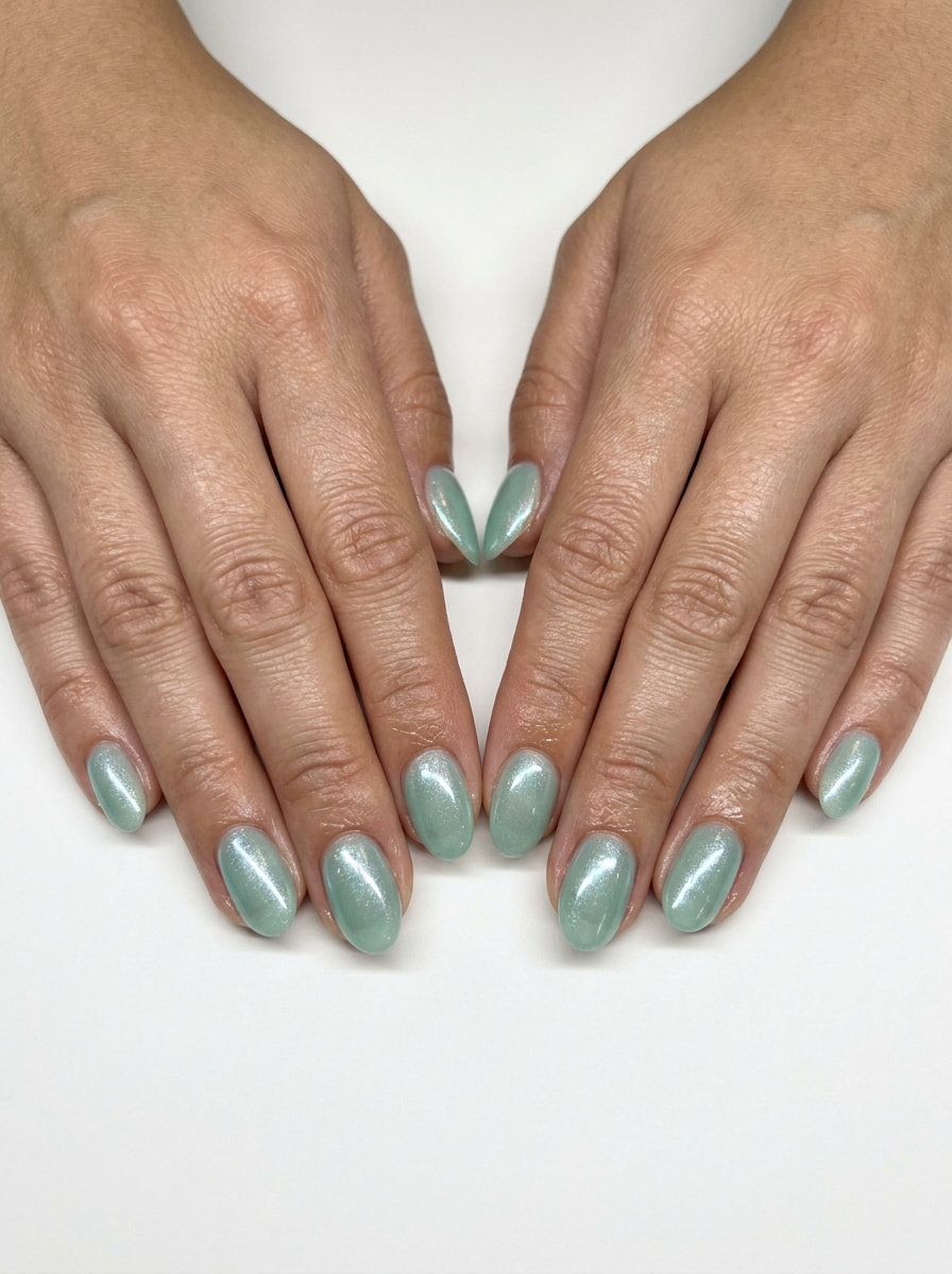 Mermaid shimmer seafoam nails for summer holiday nails 2026. Romantic, dreamy seafoam green with pearl shimmer.
