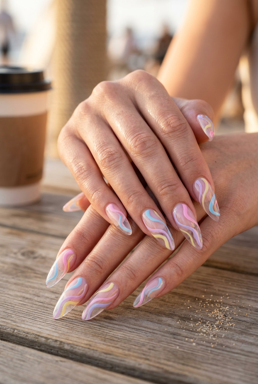 Abstract pastel swirls on clear stiletto nails for summer holiday nails 2026. Whimsical, artistic, dreamy.