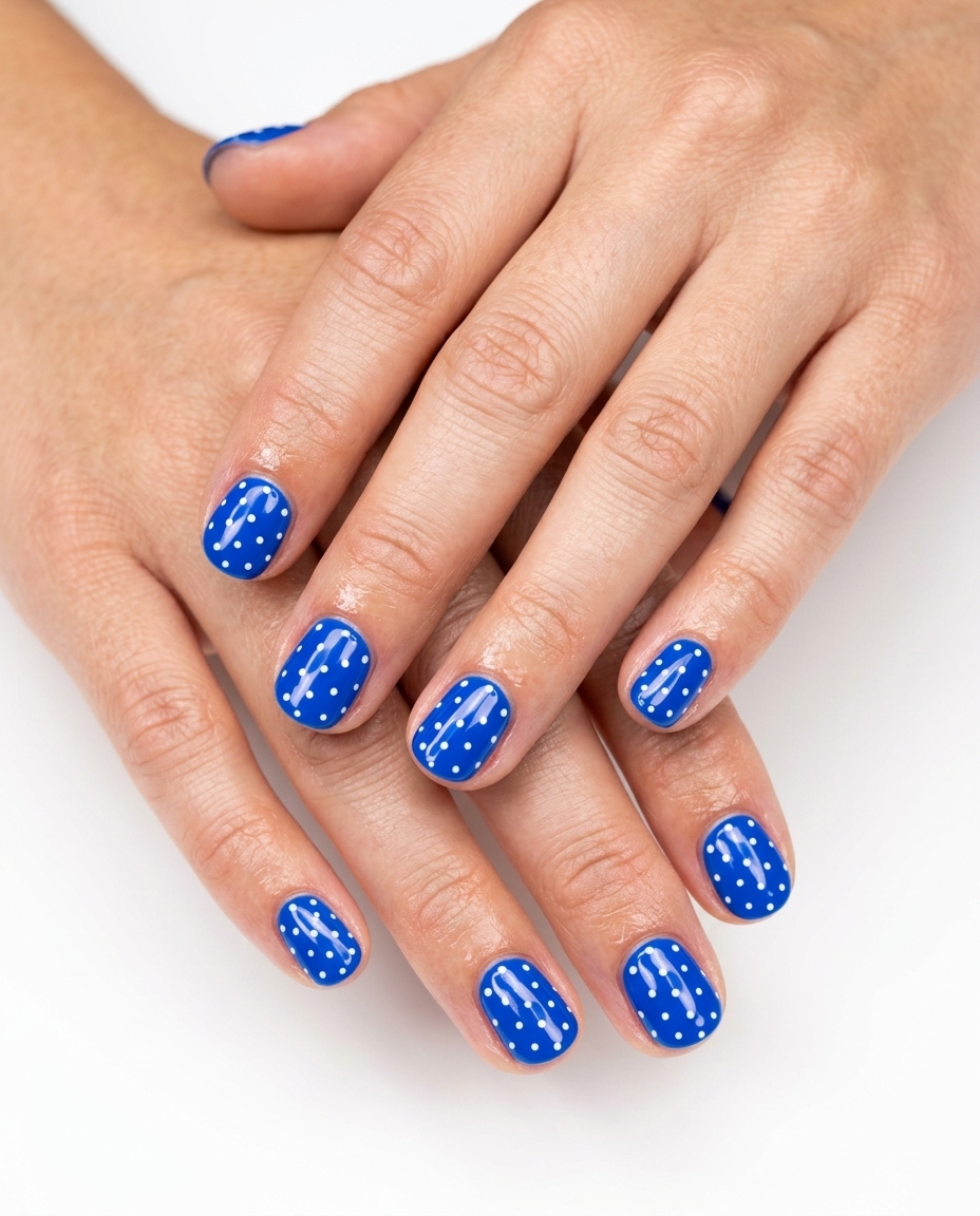 Retro Cobalt Polka Dot summer holiday nails 2026: vibrant blue, white dots, short squoval shape.