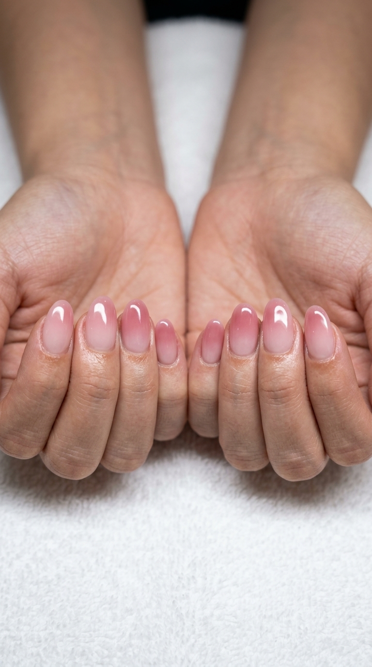 Soft Pink Jelly Ombre summer holiday nails 2026: sheer pink to deeper pink, medium almond shape.