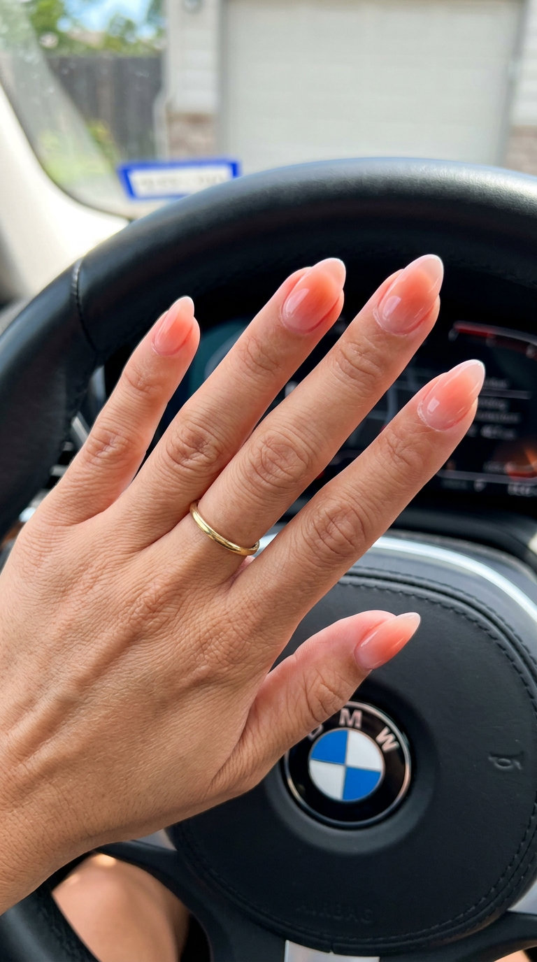 Sunset Aura Almond nails for summer holiday nails 2026. Romantic soft gradient effect.