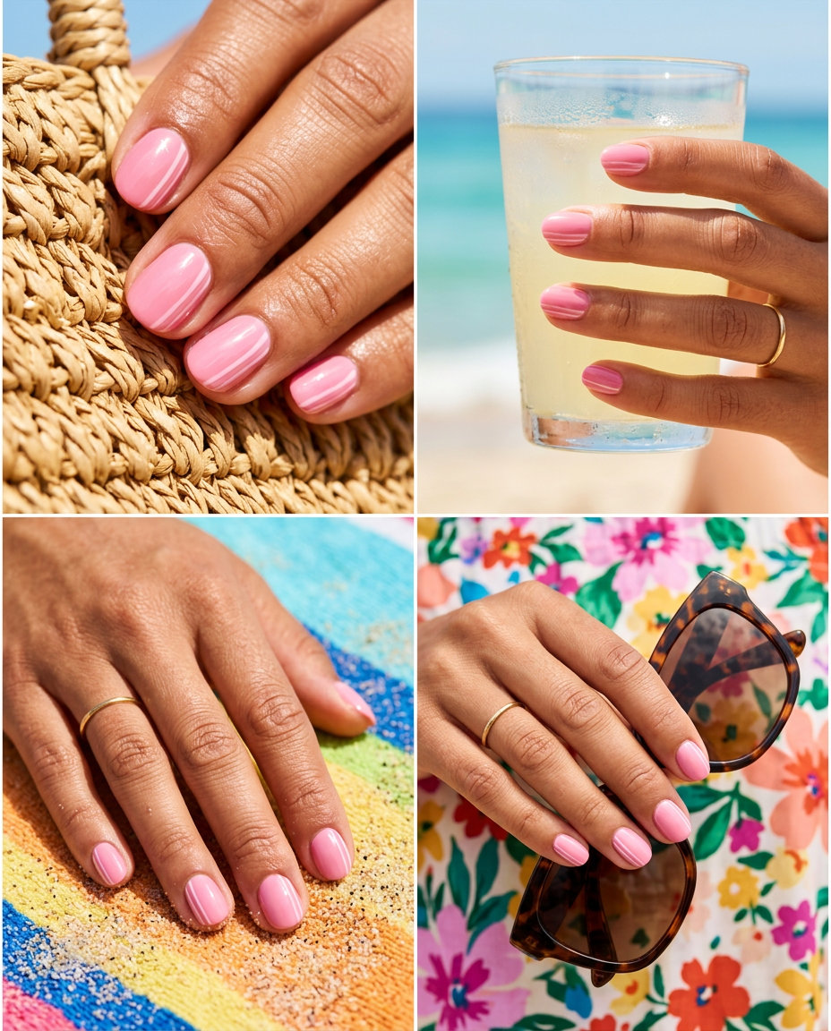 Sweet summer stripe nails for summer holiday nails 2026. Playful pink and white stripes on short rounded nails.