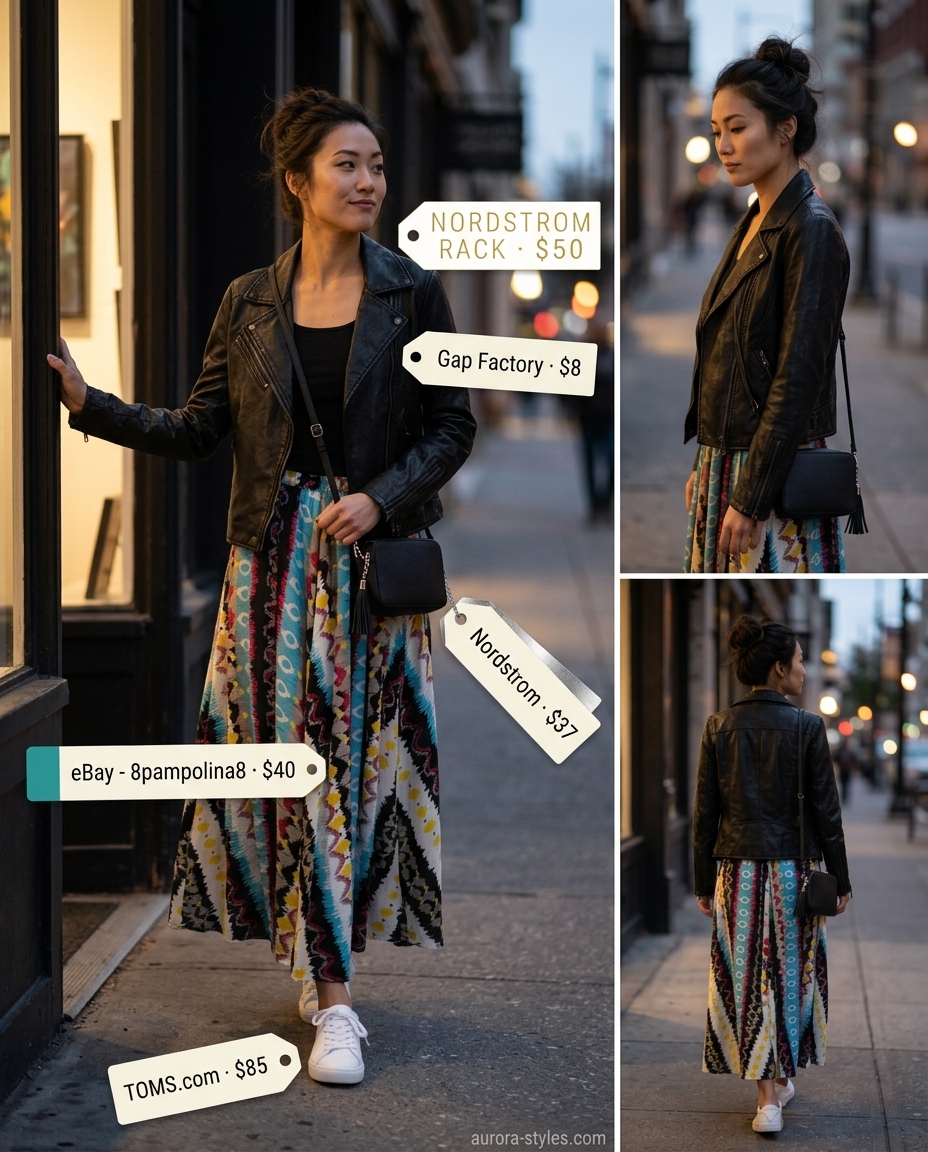 Summer maxi skirt and sneakers outfits 2026: Black, white, teal, orange abstract print flowy maxi skirt with white sneakers and moto jacket.