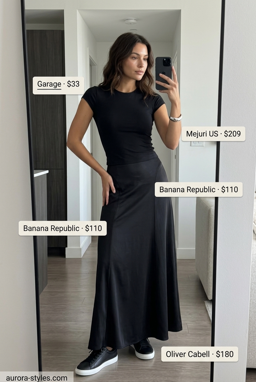 Summer Maxi Skirt & Sneakers 2026: All Black Chic Summer maxi skirt and sneakers outfits 2026: All black satin maxi skirt with fitted tee, sneakers, and statement cuff.