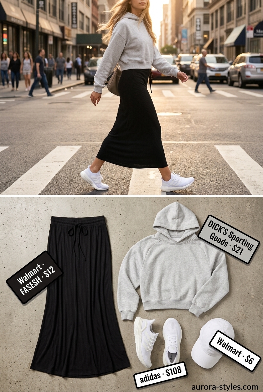 Athleisure Maxi Skirt Outfits 2026 Athleisure maxi skirt outfit 2026: Black skirt, grey hoodie, white sneakers, and cap for travel.