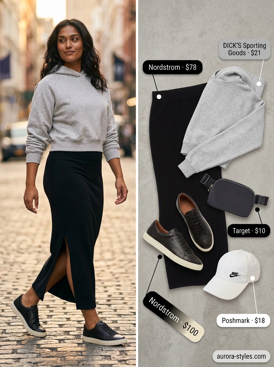 Summer Maxi Skirt & Sneakers 2026: Athleisure Ease Summer maxi skirt and sneakers outfits 2026: Black sporty maxi skirt with grey hoodie, sneakers, and baseball cap.