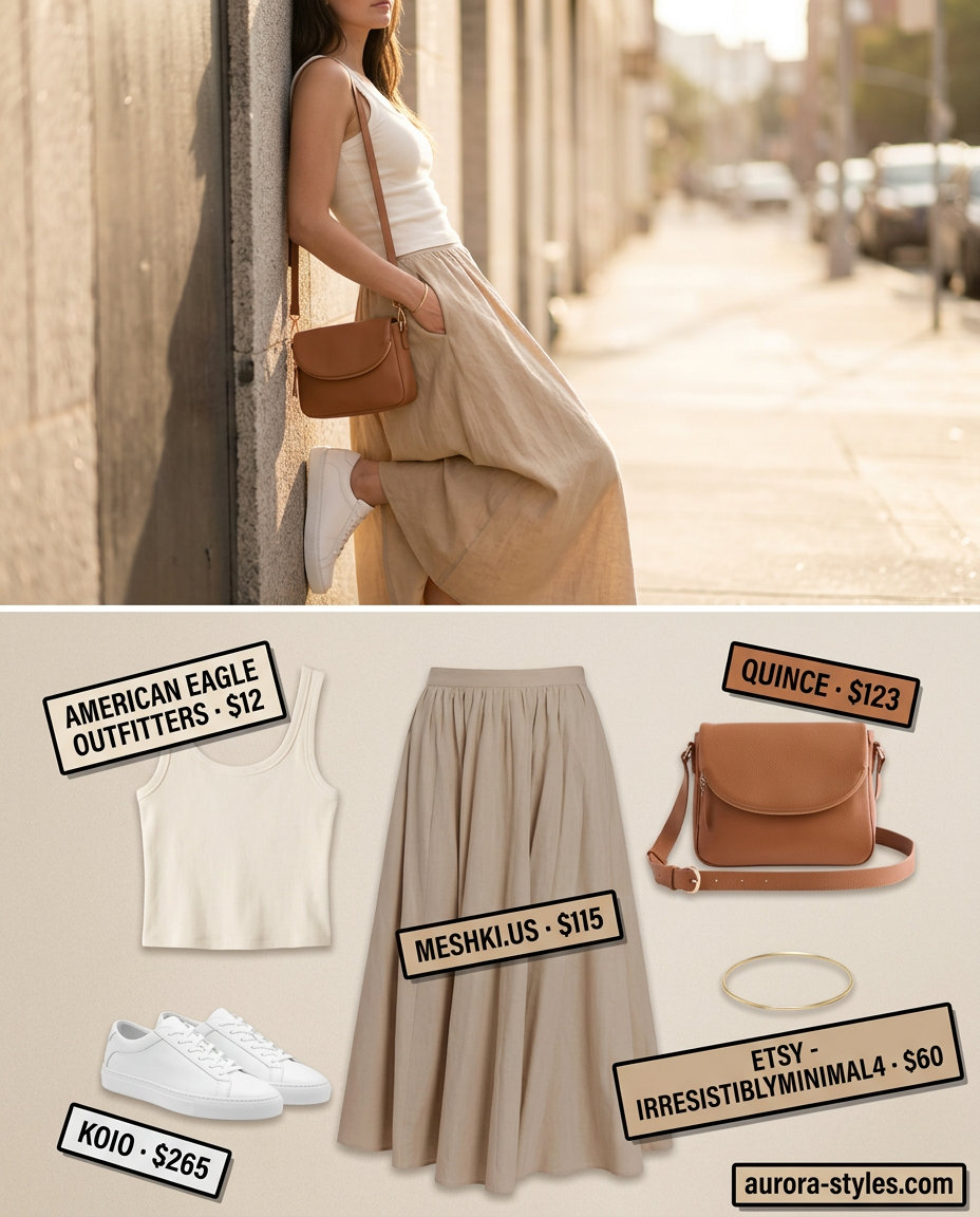 Summer Maxi Skirt & Sneakers 2026: Chic Linen Look Summer maxi skirt and sneakers outfits 2026: Beige linen maxi skirt with cream ribbed tank and minimalist leather sneakers.