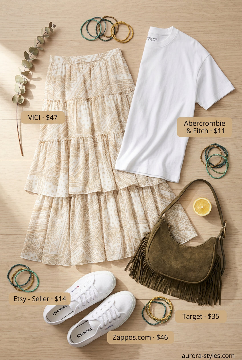 Boho Summer Maxi Skirt & Sneakers 2026 Vibrant Summer Maxi Skirt and Sneakers Outfits 2026: Paisley maxi skirt, white tee, sneakers, and beaded bracelets.