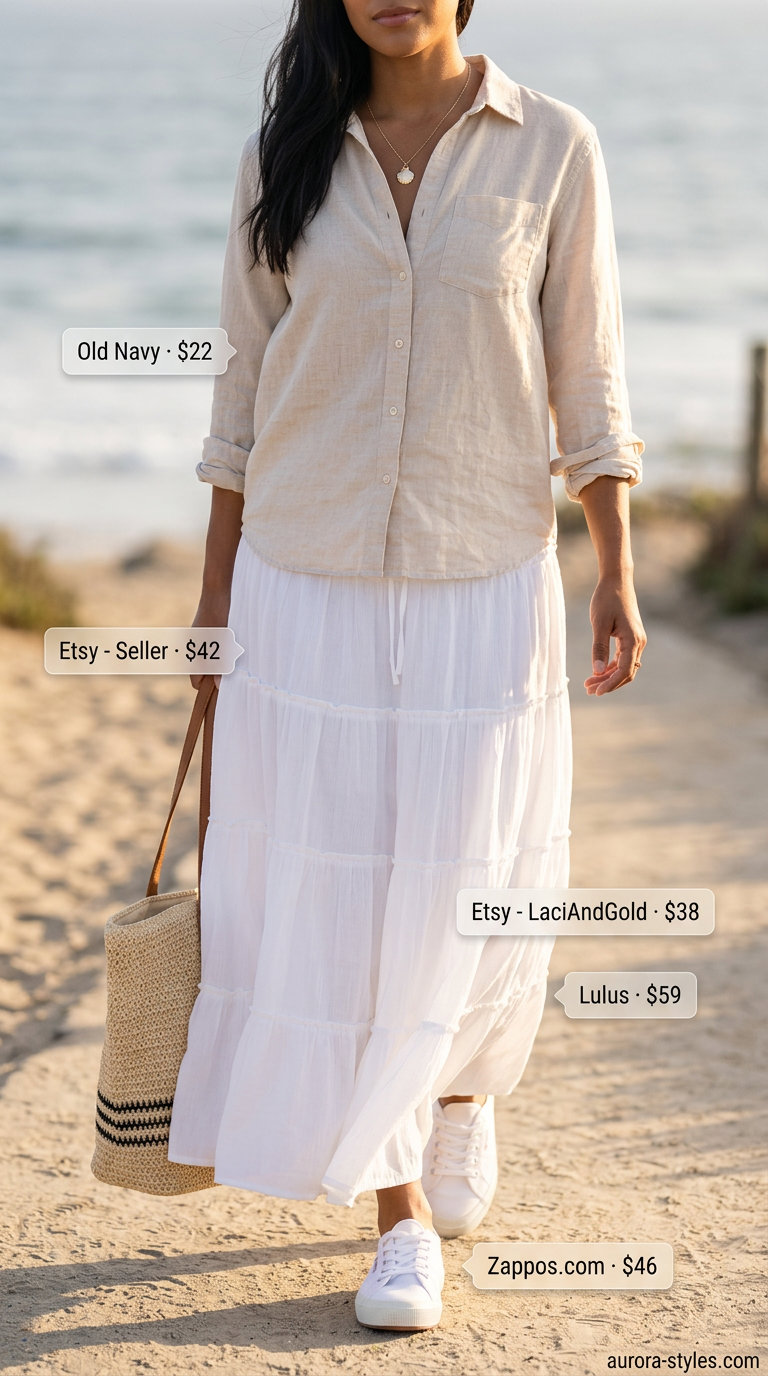 Coastal Breeze Maxi Skirt Outfits 2026 Coastal breeze maxi skirt outfit 2026: White skirt, linen shirt, canvas sneakers, straw tote.
