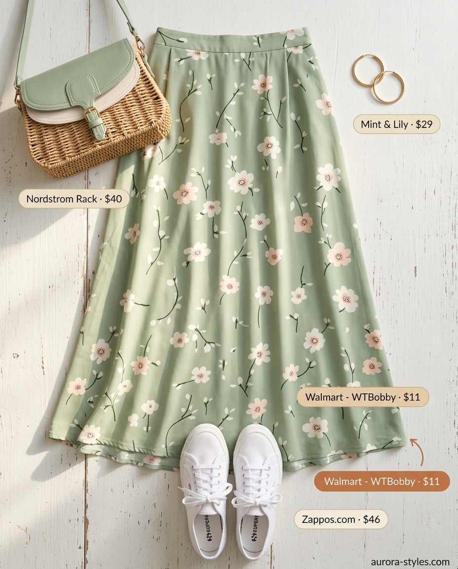 Coastal Breeze Maxi Skirt Outfits 2026 Coastal breeze maxi skirt outfit 2026: Floral skirt, white tank, canvas sneakers, straw bag.