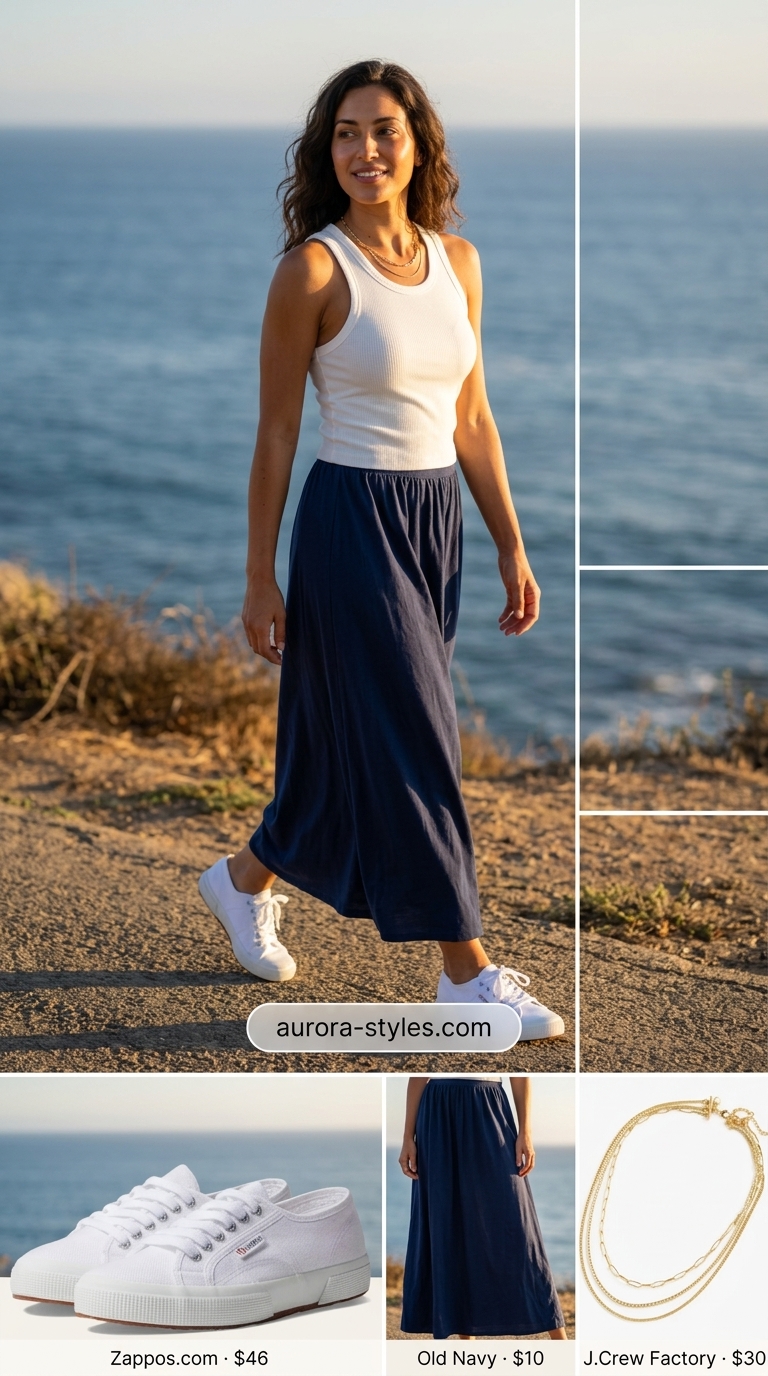 Coastal Summer Maxi Skirt & Sneakers 2026 Bohemian Summer Maxi Skirt and Sneakers Outfits 2026: Navy floral maxi skirt, white tank, denim jacket, and sneakers.