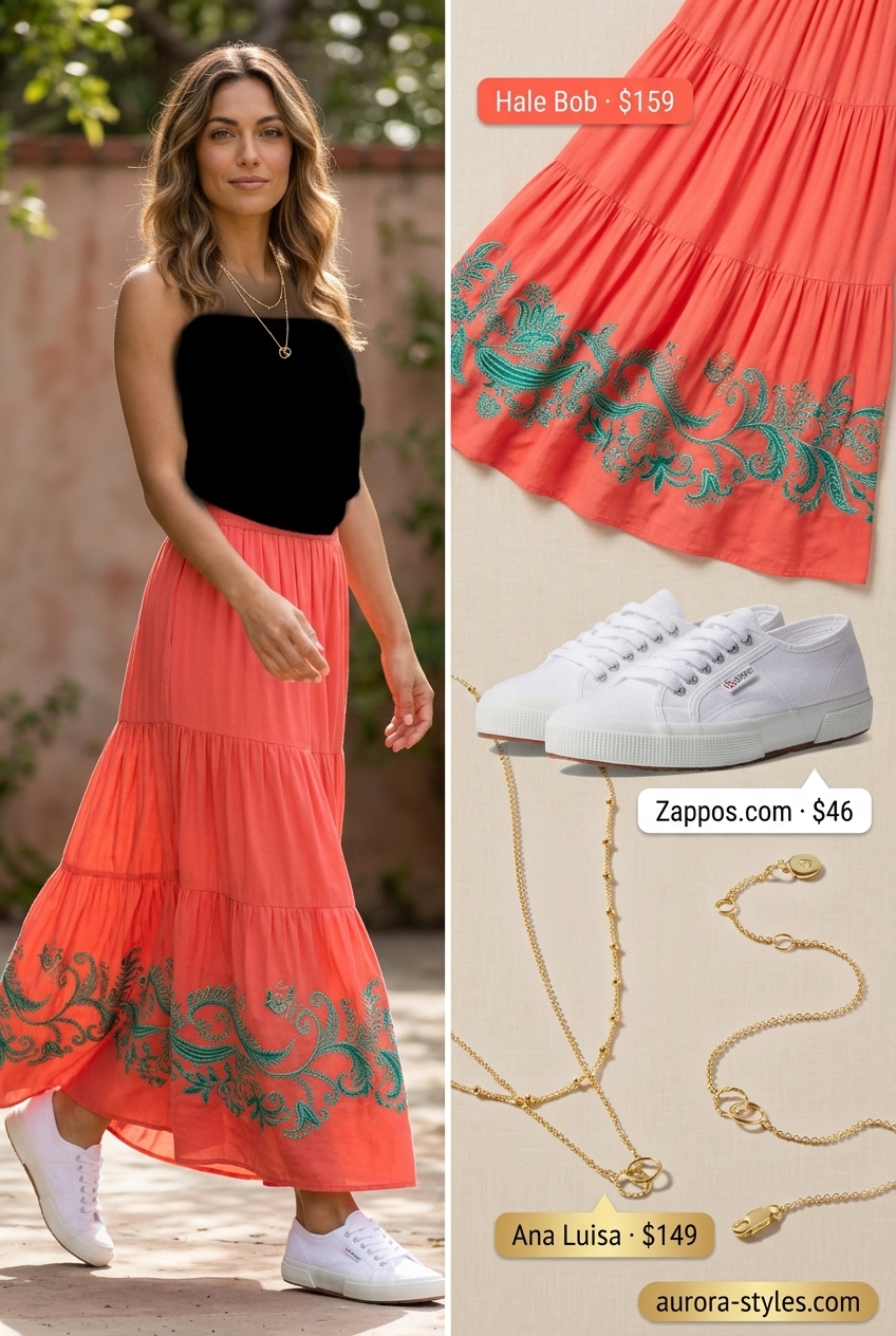 Summer Maxi Skirt & Sneakers 2026: Sunset Serenade Summer maxi skirt and sneakers outfits 2026: Coral tiered maxi skirt with white tee, canvas sneakers, and straw tote.
