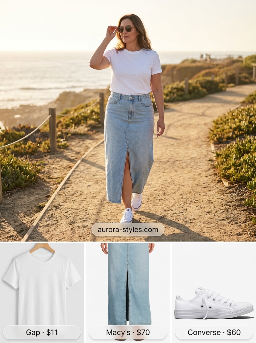 Denim Summer Maxi Skirt & Sneakers 2026 Casual Summer Maxi Skirt and Sneakers Outfits 2026: Light wash denim maxi skirt, white tee, and sneakers for a weekend day.