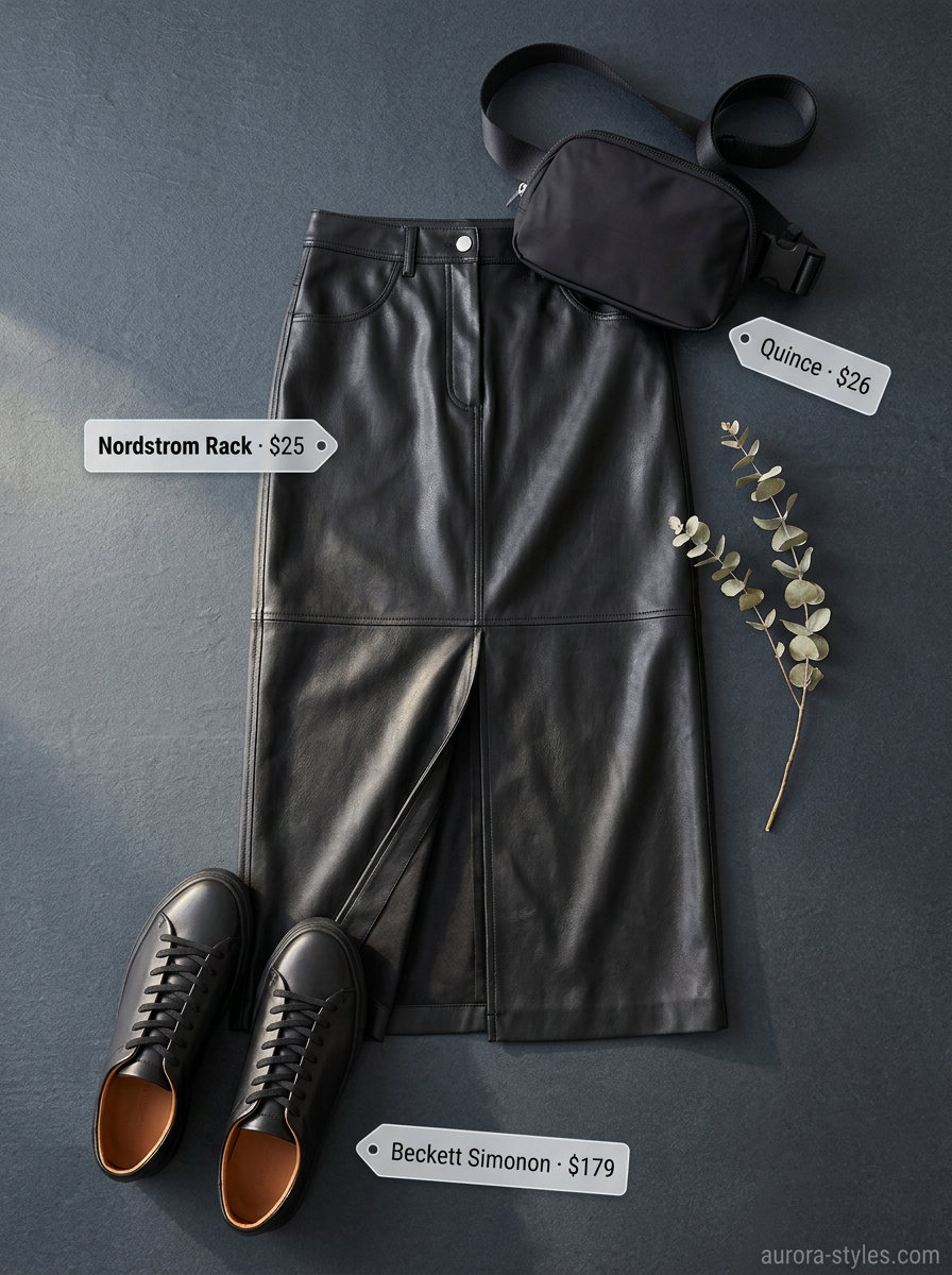Summer Maxi Skirt & Sneakers 2026: Urban Explorer Summer maxi skirt and sneakers outfits 2026: Black faux leather maxi skirt with graphic tee, sneakers, and belt bag.