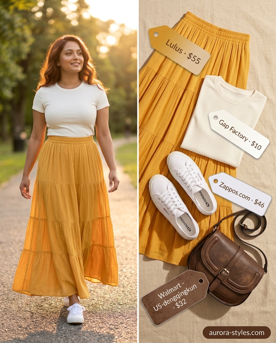 Golden Hour Summer Maxi Skirt & Sneakers 2026 Warm Summer Maxi Skirt and Sneakers Outfits 2026: Mustard yellow maxi skirt, white tee, sneakers, and woven belt.