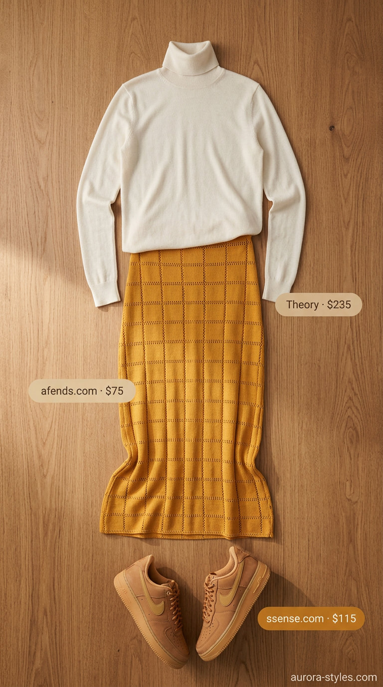 Golden Hour Summer Maxi Skirt & Sneakers 2026 Sophisticated Summer Maxi Skirt and Sneakers Outfits 2026: Mustard yellow knit maxi skirt, cream turtleneck, and suede sneakers.