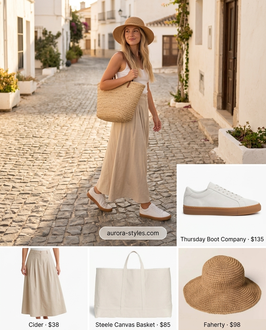 Vacation Summer Maxi Skirt & Sneakers 2026 Comfortable Summer Maxi Skirt and Sneakers Outfits 2026: Linen maxi skirt, white tank, sneakers, and straw hat.