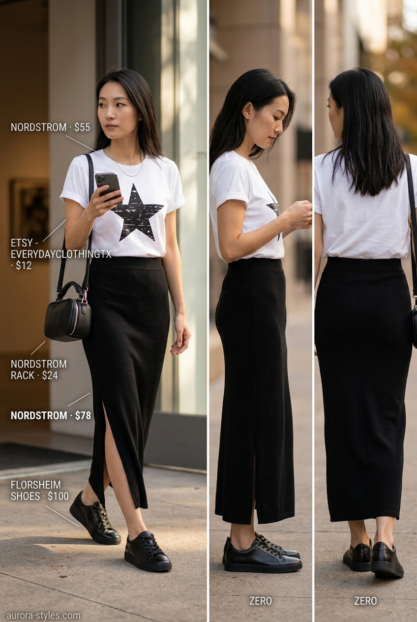 Summer Maxi Skirt & Sneakers 2026: Monochrome Cool Summer maxi skirt and sneakers outfits 2026: Black high-waisted maxi skirt with white graphic tee and black leather sneakers.