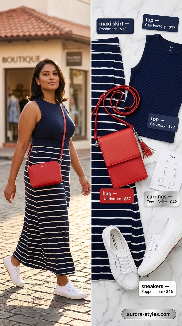 Summer Maxi Skirt & Sneakers 2026: Nautical Vibes Summer maxi skirt and sneakers outfits 2026: Navy and white striped maxi skirt with white canvas sneakers and red crossbody bag.